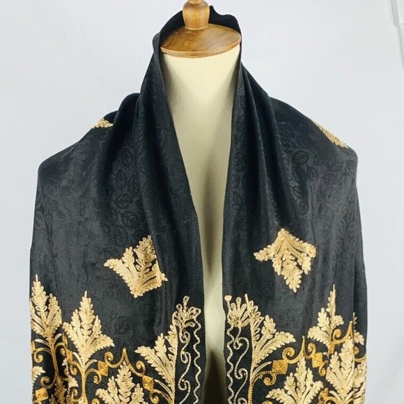 Women Lady Wrap Shawl Scarf Throw Gold Embroidered Flowers Work 28x83 India - Picture 3 of 4